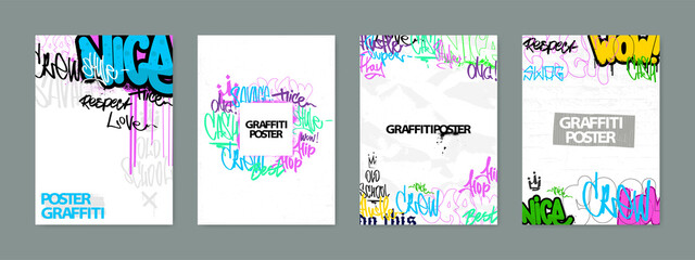 Street art posters, graffiti and tags with effect grunge and splashes. Poster and covers template with colorful scribbles and tags. Urban calligraphy and bombing calligraphy. Vector street art set