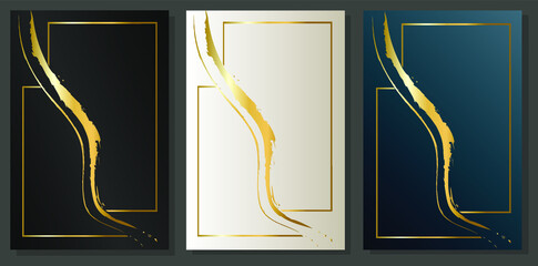Vector Luxury Gold Design. Black, Platinum and Blue cover Templates for Brochures with brushed golden lines. Place for text on Empty frames geometric abstract.