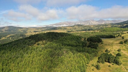 Fototapeta premium survol du massif des Pyrénées et des forets dans les Pyrénées-Orientales, sud de la France, parc naturel des Bouillouses
