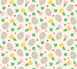 Easter Day flat vector background with flowers, eggs and hearts. A seamless spring pattern design for wrapping paper, wallpapers and fabric