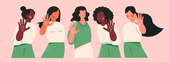 Women power or protest against gender violence and harassment. Feminism concept. Girls diverse team show stop gesture. Female community, sisterhood, unity and equality. Cartoon vector illustration - obrazy, fototapety, plakaty