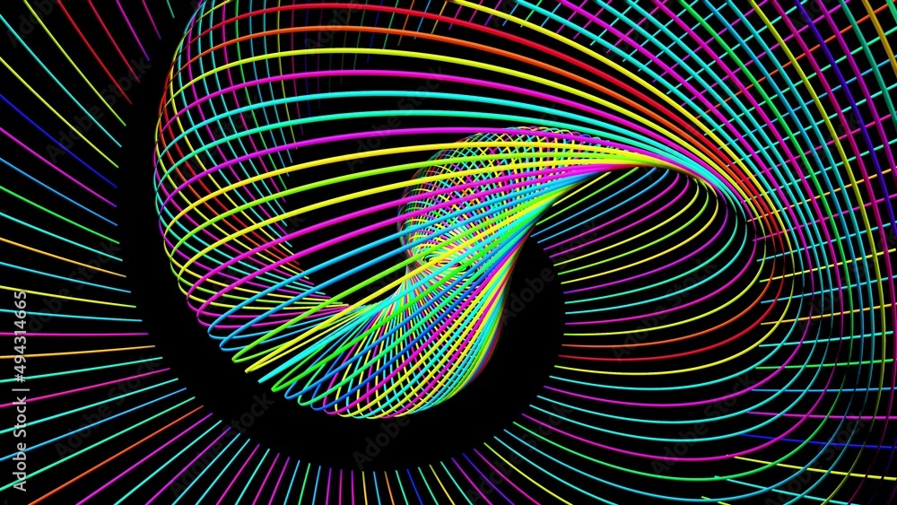 Poster 3d render. abstract geometric bg with rings form complex twisted spiral and light effects. rings fla