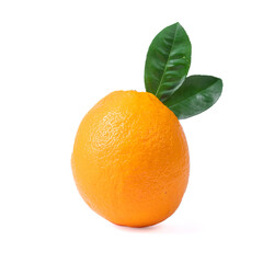 juicy ripe orange with two green leaves on a white background.