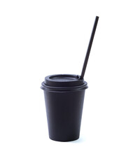 a black cup with a coffee tube on a white background. mockup coffee glass isolate