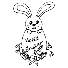 Easter bunny and eggs in a basket. Vector hand drawn outline symbol  isolated on white. 