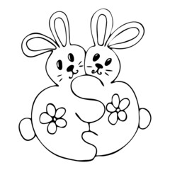 Easter bunny and eggs in a basket. Vector hand drawn outline symbol  isolated on white. 