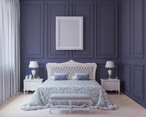 Bedroom with window, classic, with double bed, bedside table, paintings,  blue gray wall. 3D render