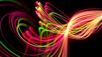3d render. Light flow bg. Abstract background with light trails, stream of green red yellow neon lines form spiral shapes. Modern trendy motion design background light effect.