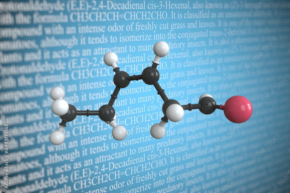 Poster molecular model of cis 3 hexenal, 3d rendering