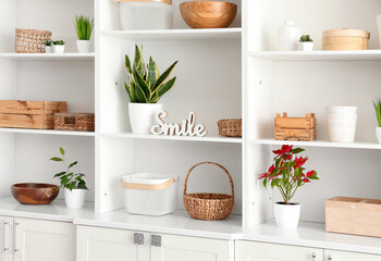 Shelf unit with beautiful decor in room