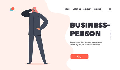 Business Person Landing Page Template. Saudi Male Character Businessman. Arab Man in Traditional Headwear