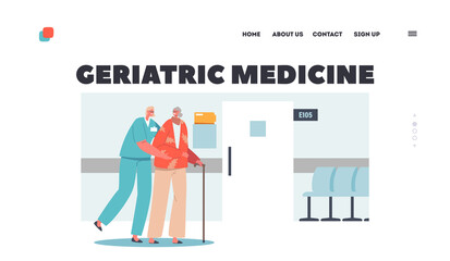 Geriatric Medicine Landing Page Template. Healthcare, Medical Aid and Care of Elderly People Concept. Young Nurse