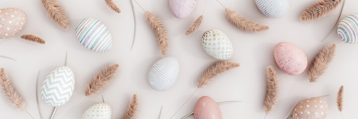 Easter eggs with dry grass decoration on beige background 3D Rendering, 3D Illustration