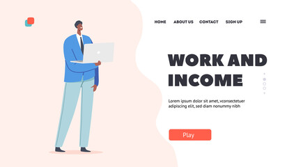 Fototapeta na wymiar Work and Income Landing Page Template. Indian or Pakistan Businessman Male Character Wear Blue Blazer and Pants