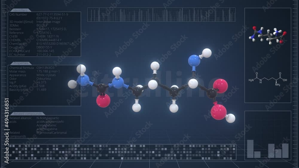 Poster molecule of citrulline with infographics on the computer monitor, loopable 3d animation