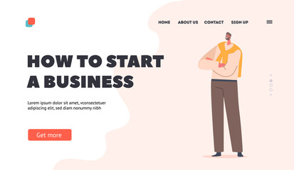 How to Start Business Landing Page Template. Single Mature Fashioned Bearded Business Man in Modern Clothes