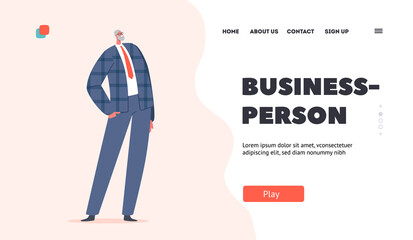 Business Person Landing Page Template. Senior Male Character in Formal Suit, Mature Man Wear Grey Blazer and Trousers