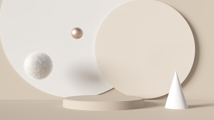 Abstract 3D render beige background with empty podium and soft white spheres