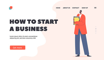 How to Start Business Landing Page Template. African Businessman Male Character Red Brown Blazer and Blue Pants