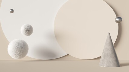 Abstract 3D render beige background with copy space and soft white spheres