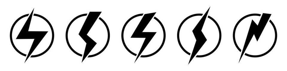 Thunderbolt in circle icons. Vector isolated on white