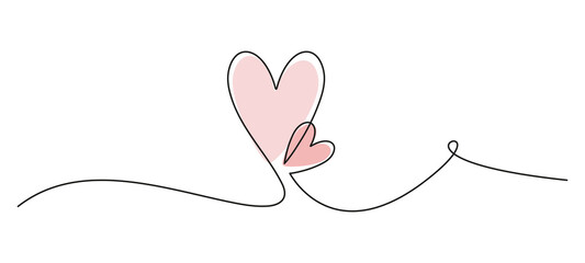 Two Hearts single line drawing. Valentine's day decoration. Wedding invitation vector element.