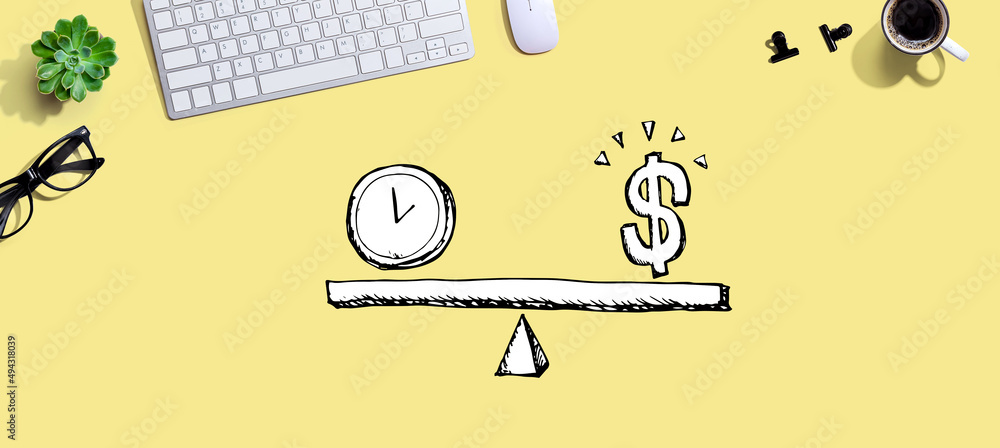Poster time and money on the scale with a computer keyboard and a mouse