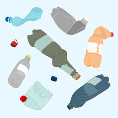 Set of crumpled plastic bottles vector illustration. The concept of saving the planet and collecting plastic waste for recycling.