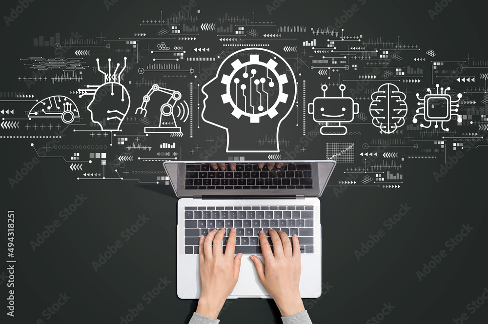 Poster future technology concept with person using a laptop computer
