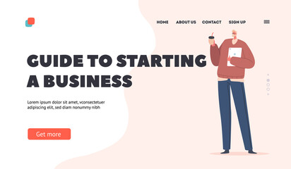 Guide to Starting Business Landing Page Template. Man Drink Refreshment. Young Businessman Character in Casual Wear