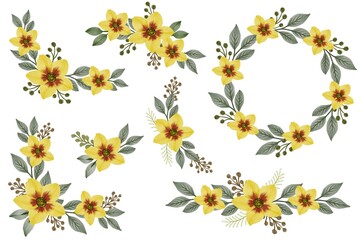 set of yellow floral watercolor frame, set of yellow floral bouquet, set of yellow floral frame for greeting card