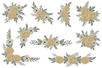 set of yellow roses  watercolor frame , set yellow roses watercolor frame for greeting and wedding invitation card, set yellow roses bouquet	
