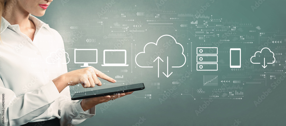 Poster cloud computing with business woman using a tablet computer