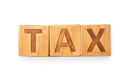 Word TAX made of wooden cubes on white background