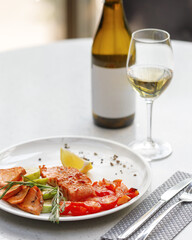 traditional wine appetizers. white and red wine. restaurant serving. summer mood. shallow depth of field