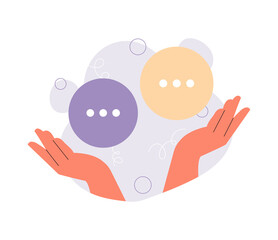 Concept of dilemma. Womens hands hold two options, choice and decision making. Uncertainty and insecurity. Metaphor of thought processes and assessment of situation. Cartoon flat vector illustration