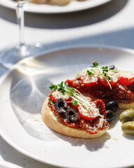 traditional wine appetizers. white and red wine. restaurant serving. summer mood. shallow depth of field