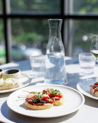 traditional wine appetizers. white and red wine. restaurant serving. summer mood. shallow depth of field