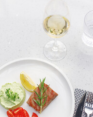 traditional wine appetizers. white and red wine. restaurant serving. summer mood. shallow depth of field