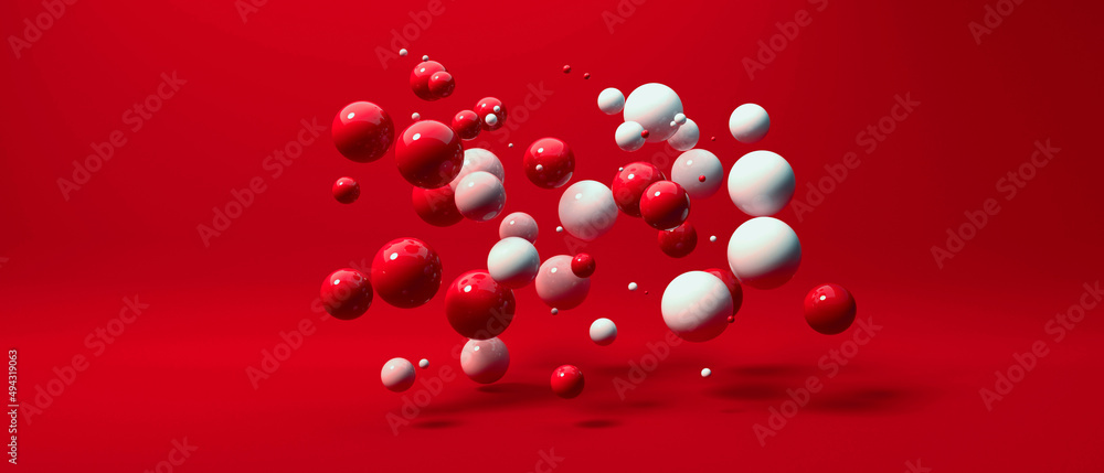 Poster scattered floating colored spheres on a vibrant background - 3d render