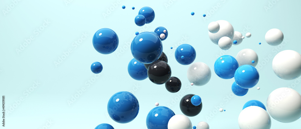 Poster scattered floating colored spheres on a vibrant background - 3d render