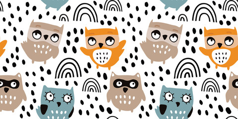 seamless funny owl vector illustration, owl seamless pattern with dots, rainbows