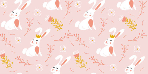 Rabbits and flowers are white on a pink background.Pattern for greeting cards, decor, textile, fabric, background, wrapping paper.