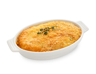 Baking dish with tasty Shepherd's pie on white background