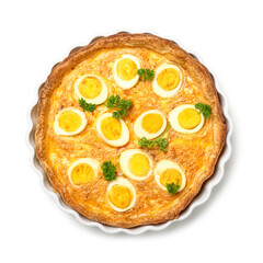 Delicious Easter tart with eggs on white background