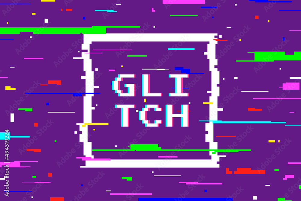 Poster Abstract background in vhs glitch style with square frame and place for text. TV distortion effect. Colorful digital noise. Damaged video signal. Ideal for banner, promo, etc. Vector illustration.