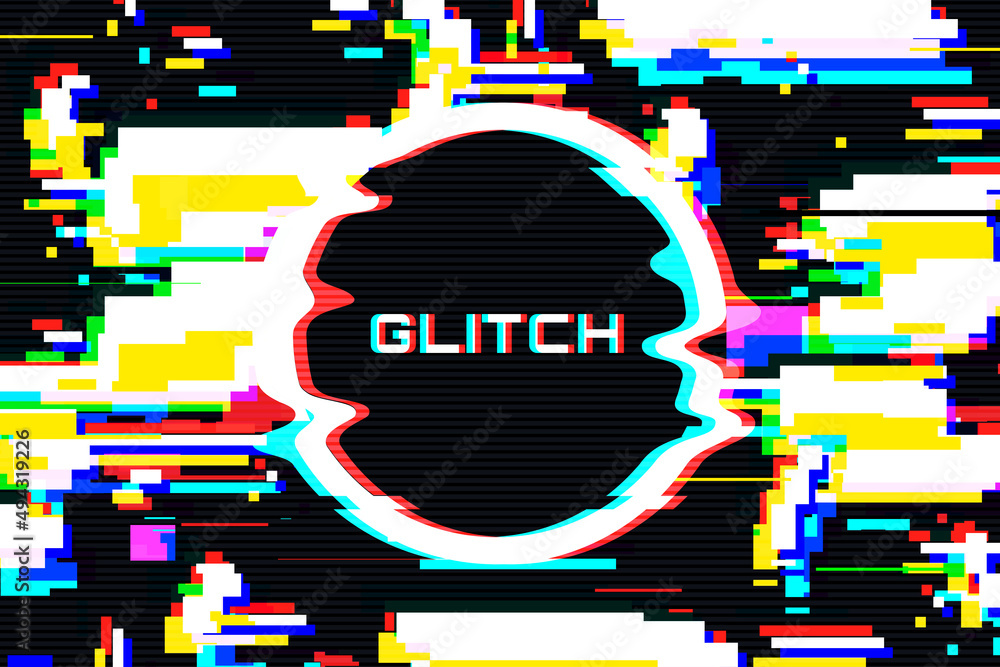 Poster Abstract background in glitch style with place for text. Colorful TV distortion effect. Glitch circle frame. VHS screen digital noise. Ideal for banner, promo, party invite, etc. Vector illustration.