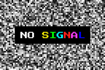 No signal tv texture. Television screen with black and white static noise. Digital pixel noise vhs effect. Glitch background. Error message banner. Vector illustration.