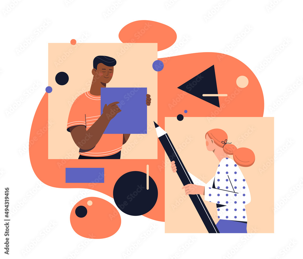 Aufkleber coworkers characters communication. man and girl working on same project. modern technologies and re