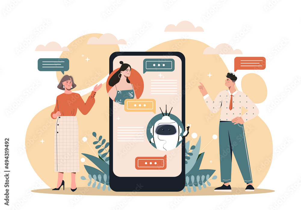 Poster concept of chatbot. man and girl communicate on background of smartphone. social networks and commun